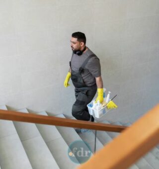Um dos Trabalhadores CLT subindo escada com roupa de fazer faxina