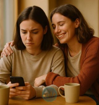 Uma amiga abraça a outra enquanto ela conversa com um amigo no celular