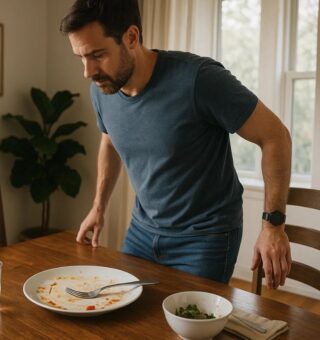 Um homem levantando da mesa com Um pouco de fome