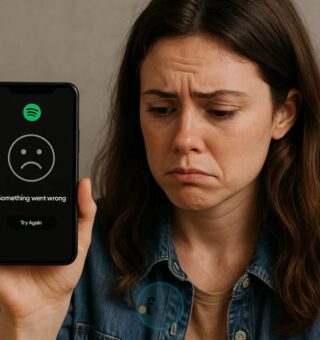 Uma mulher triste com o Spotify Fora do Ar