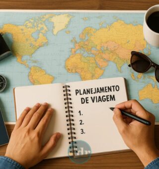 Mapa aberto na mesa, uma pessoa que Vai viajar nas férias faz anotações em seu caderno com uma caneta preta