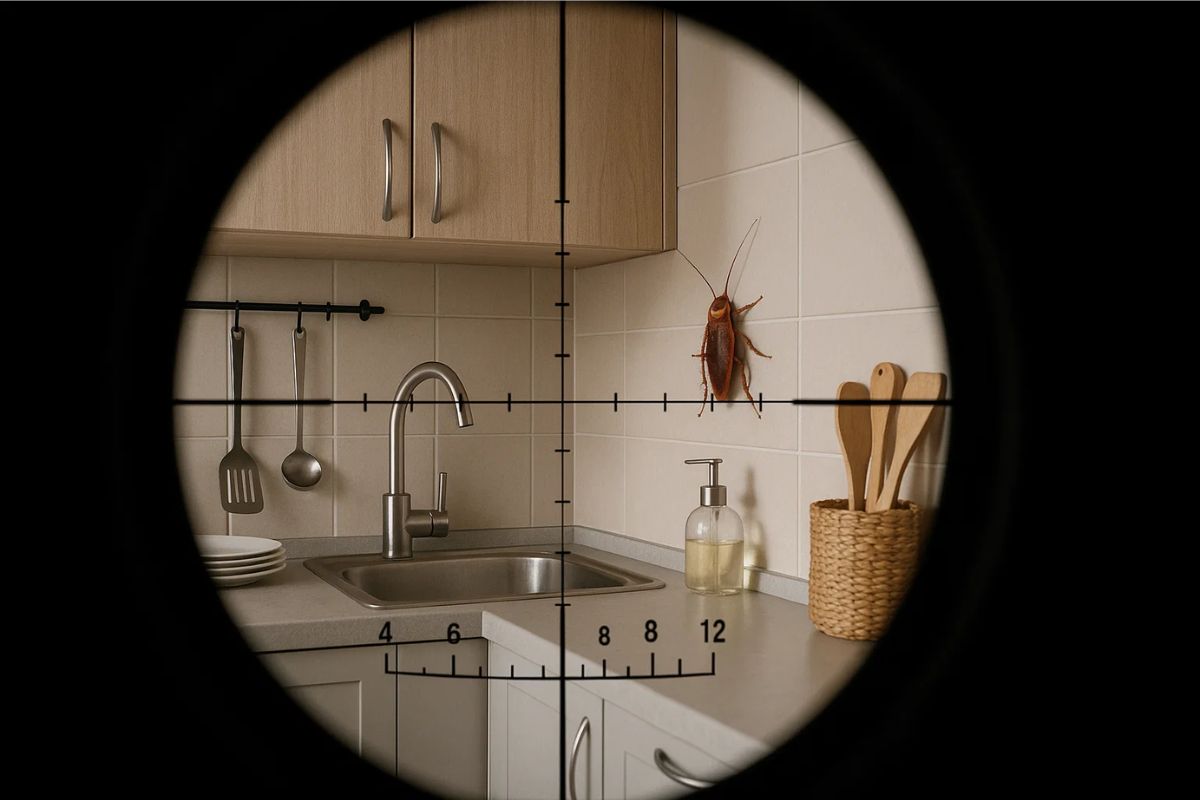Uma visão de scope mirando em uma barata na parede da cozinha