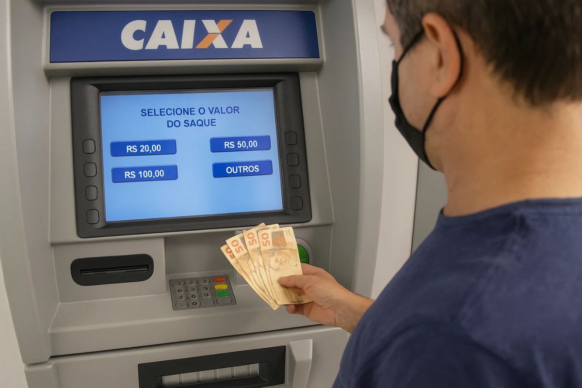 Um homem sacando seu benefício exclusivo no caixa eletrônico
