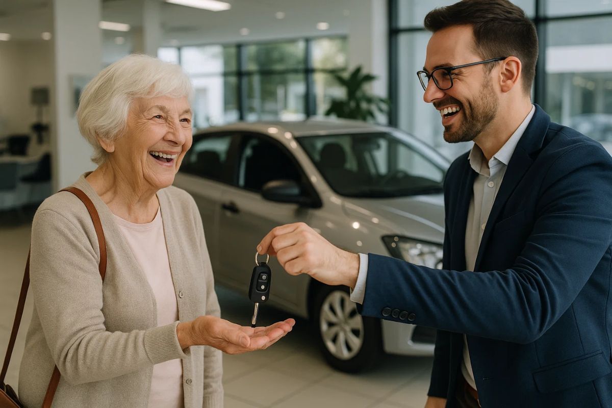 Uma idosa do grupo de brasileiros 60+ comprando um carro. Ela está feliz recebendo a chave na mão