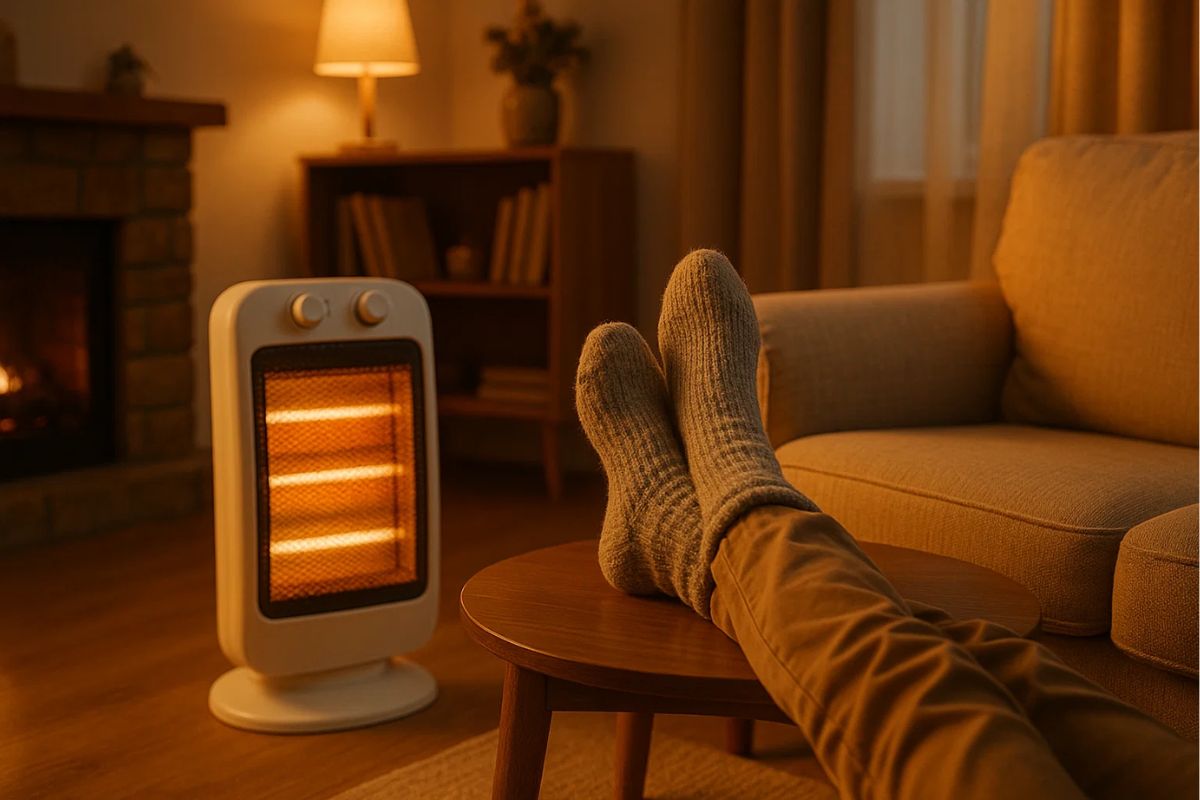 Uma pessoa com meia para fugir do Frio no pé em frente a um aquecedor