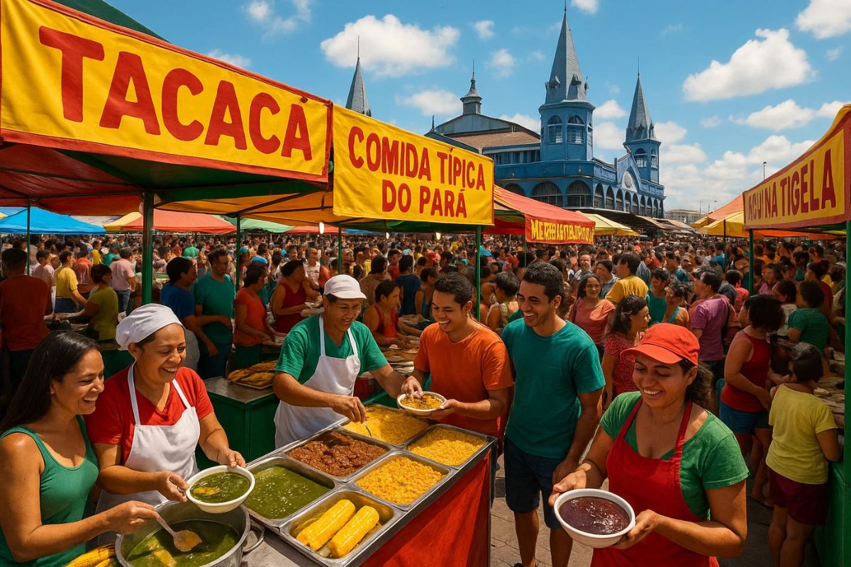 Imagem do Mercado Ver-o-peso no dia de evento com um monte de pessoas entre as barracas de comidas típicas