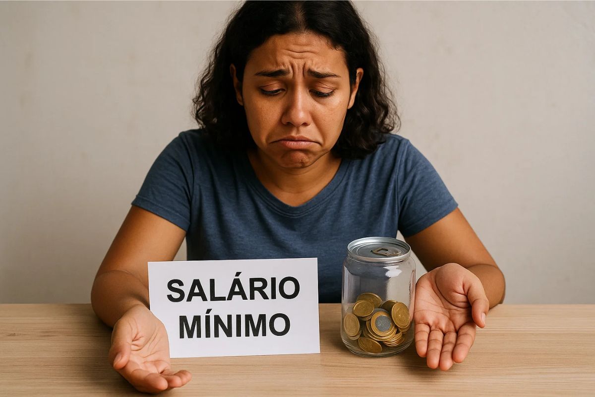 Uma mulher triste porque não consegue guardar dinheiro ganhando 1 salário mínimo
