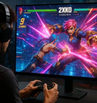 Um jovem jogando o 2xko no console