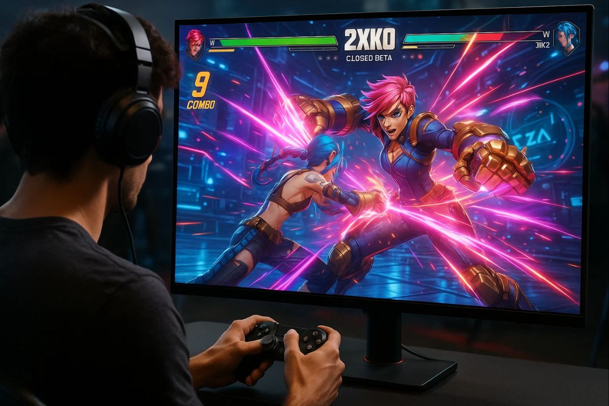 Um jovem jogando o 2xko no console