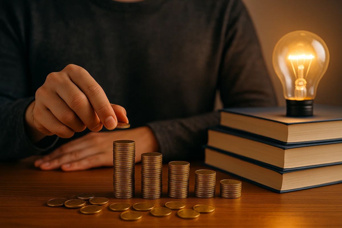 Um homem juntando moeda seguindo as as 5 Leis do Ouro