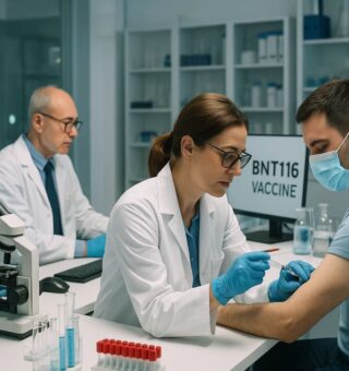 Um paciente fazendo o teste da BNT116, no laboratório há duas médicas e um médico