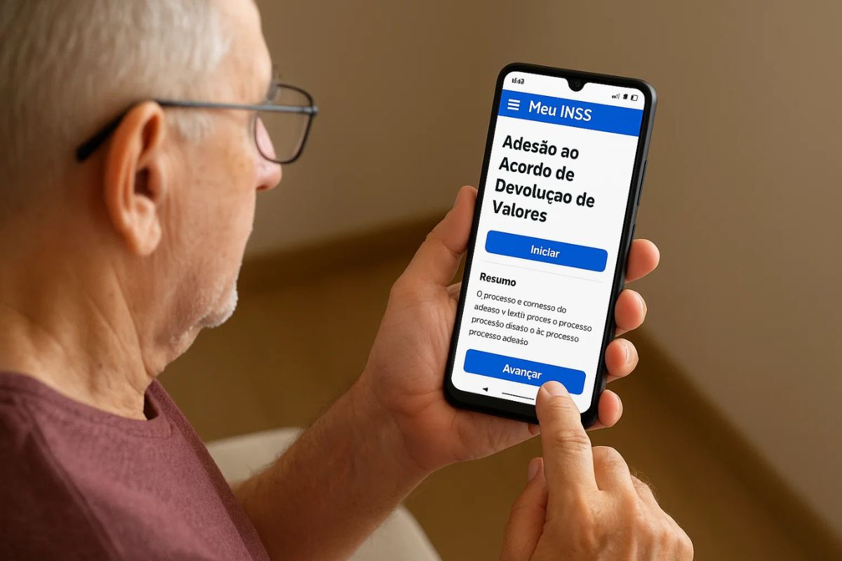 Um dos beneficiários do INSS olhando o aplicativo aderindo ao acordo