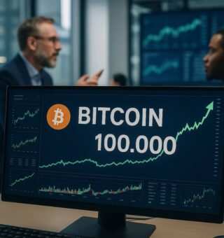 Imagem do Bitcoin na tela passando por 100 mil
