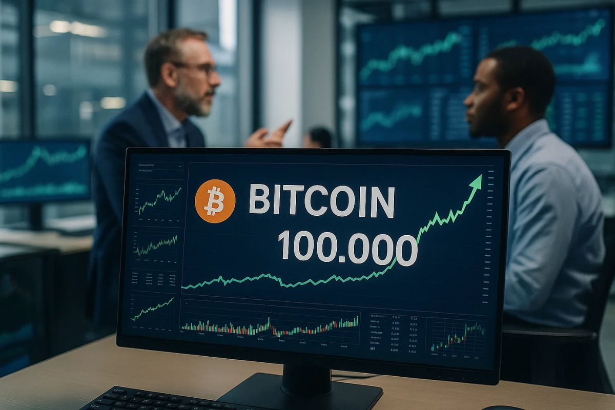 Imagem do Bitcoin na tela passando por 100 mil