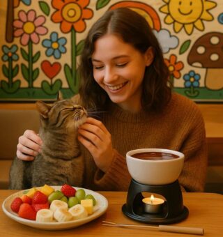 Uma jovem acaricia um gato em um local que oferece Bobbie Goods para pintar. Ela come fondue de chocolate com um prato cheio de frutas