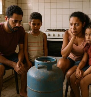 Uma família beneficiada pelo Bolsa Família olha para o botijão de gás na cozinha