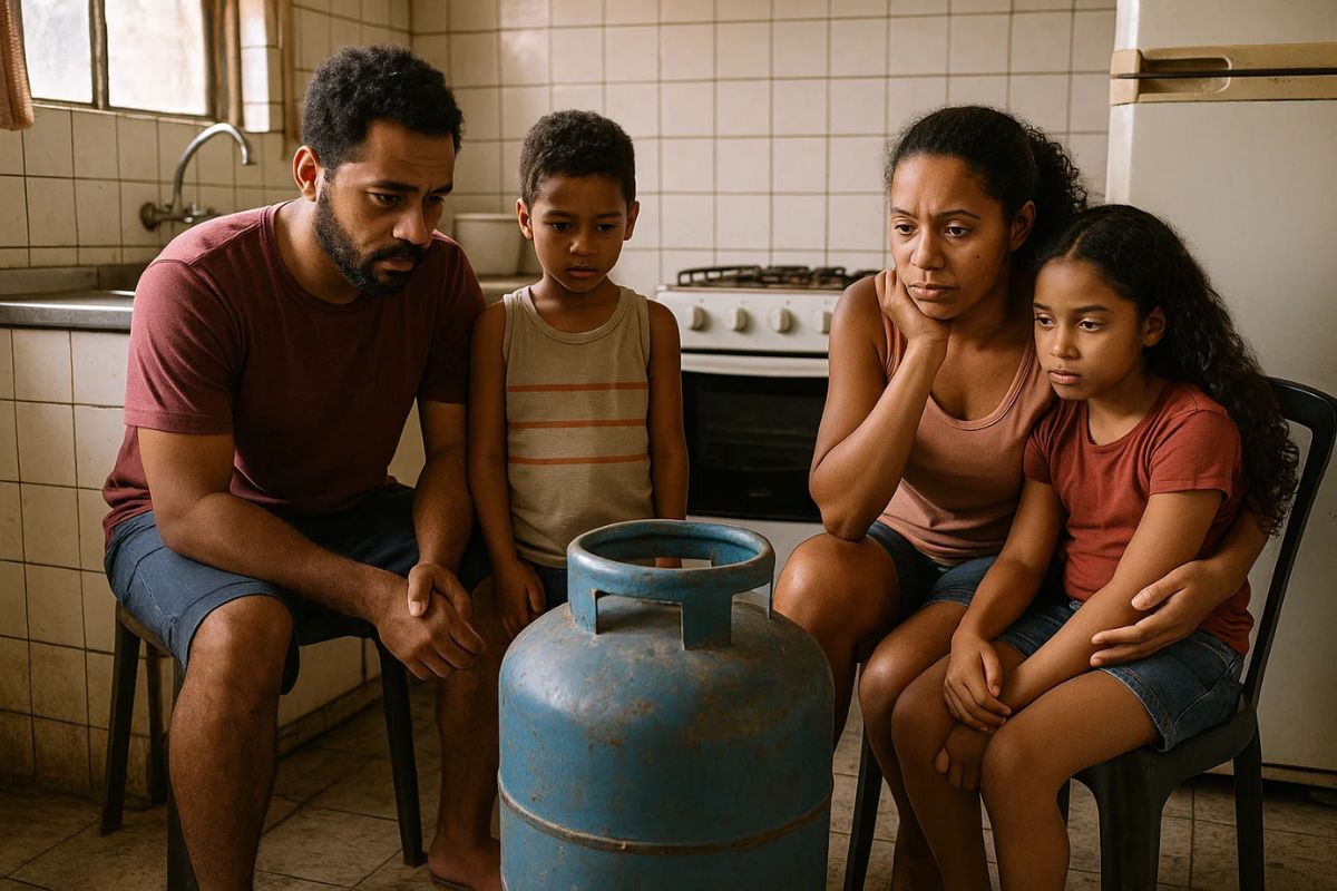 Uma família beneficiada pelo Bolsa Família olha para o botijão de gás na cozinha