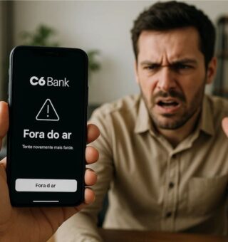 Um rapaz indignado vendo o C6 Bank no celular fora do ar