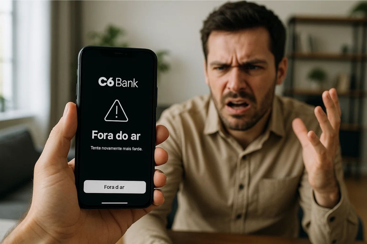 Um rapaz indignado vendo o C6 Bank no celular fora do ar