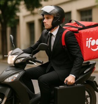 Um rapaz que trabalha CLT e MEI. Ele está de terno com uma maleta na mão e a bag de iFood nas costas em cima de um Shineray Phoenix