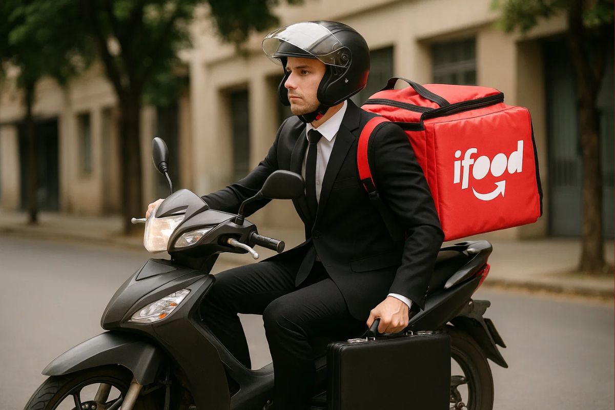 Um rapaz que trabalha CLT e MEI. Ele está de terno com uma maleta na mão e a bag de iFood nas costas em cima de um Shineray Phoenix