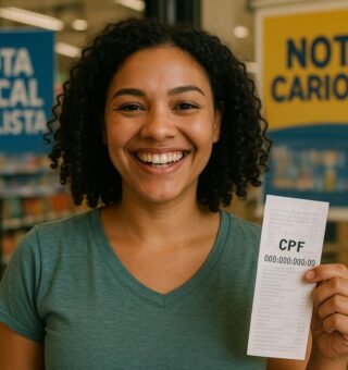 Uma mulher sorrindo feliz depois de colocar o CPF na nota fiscal