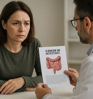 Uma mulher em frente ao médico recebe o diagnóstico de Câncer de Intestino