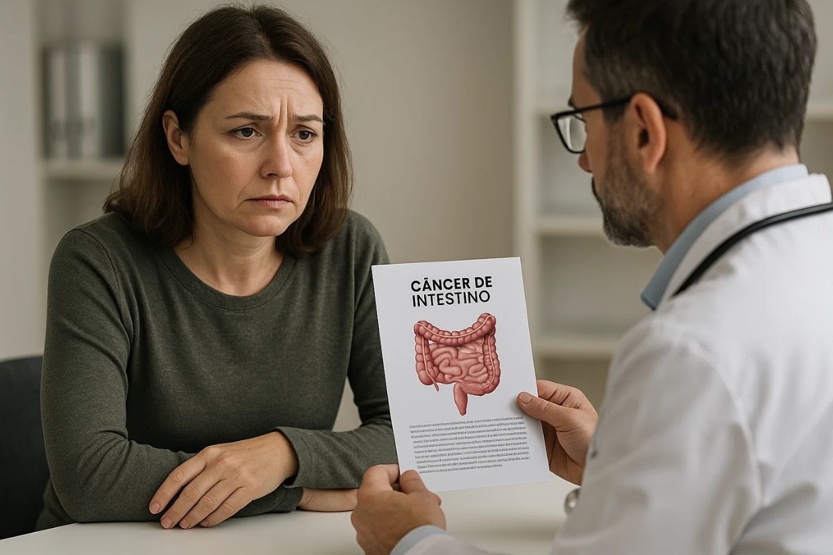 Uma mulher em frente ao médico recebe o diagnóstico de Câncer de Intestino