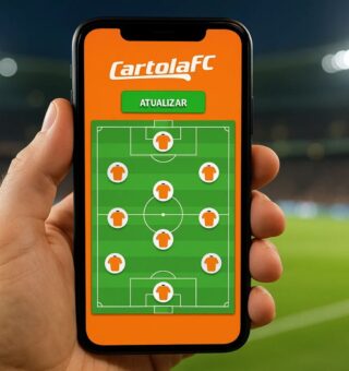 Uma pessoa com o celular na mão com o Cartola FC aberto