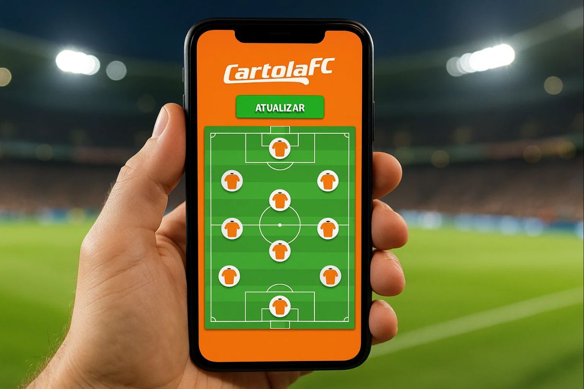 Uma pessoa com o celular na mão com o Cartola FC aberto