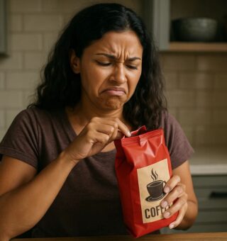 Uma mulher com nojo ao abrir um pacote e sentir o cheiro do café
