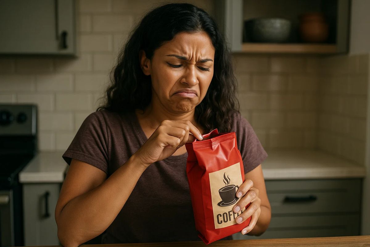 Uma mulher com nojo ao abrir um pacote e sentir o cheiro do café