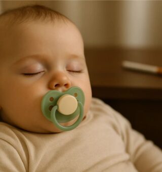 Um bebê dormindo com a Chupeta na boca e um cigarro ao fundo