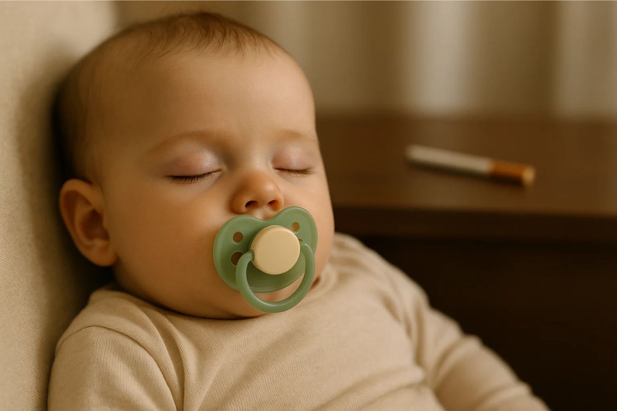 Um bebê dormindo com a Chupeta na boca e um cigarro ao fundo