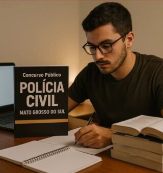 Um rapaz no seu quarto estudando para o Concurso Polícia Civil