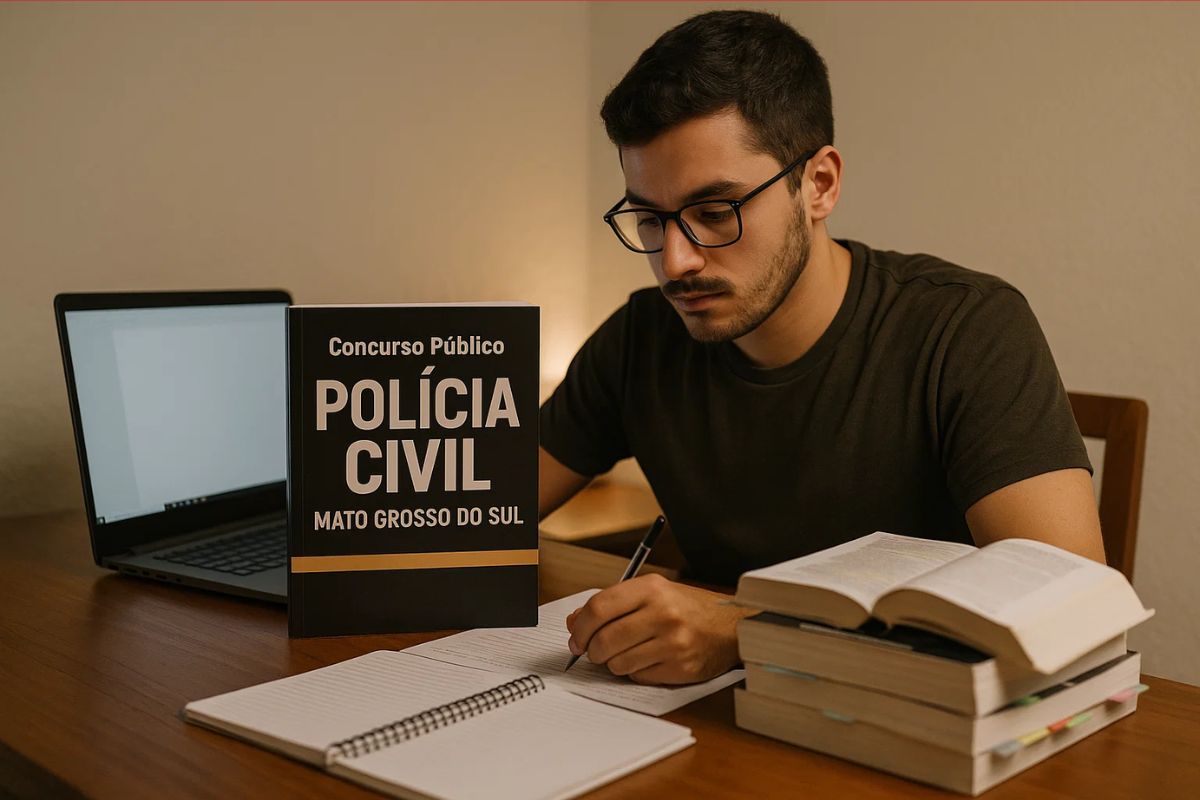 Um rapaz no seu quarto estudando para o Concurso Polícia Civil