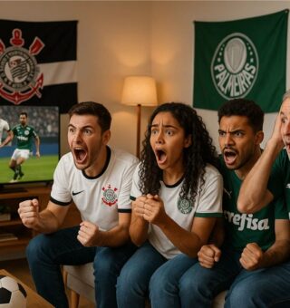 Uma família vendo o jogo do Corinthians e Palmeiras na sala de casa