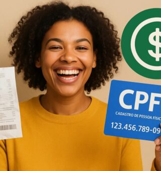 uma moça alegre após colocar o Cpf na nota fiscal