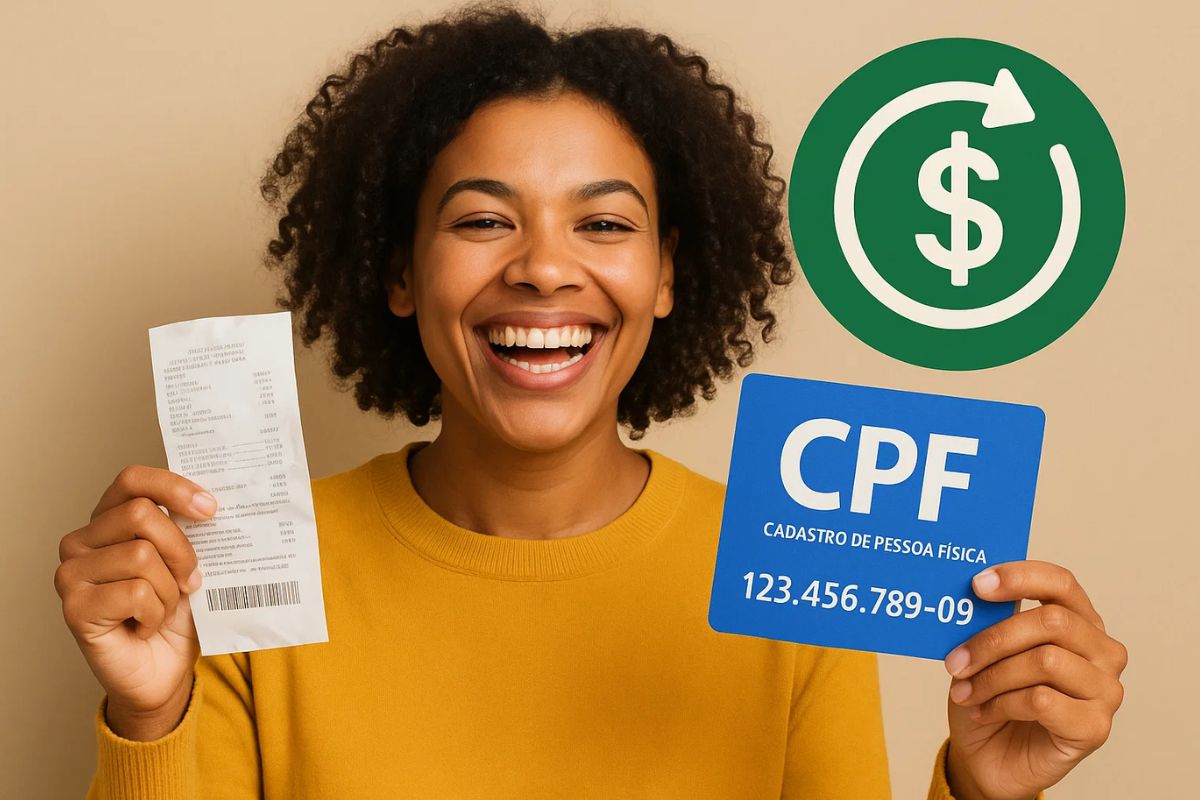 uma moça alegre após colocar o Cpf na nota fiscal