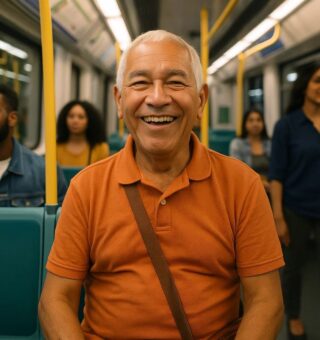 um senhor feliz aproveitando um dos Descontos exclusivos para idosos dentro do metrô