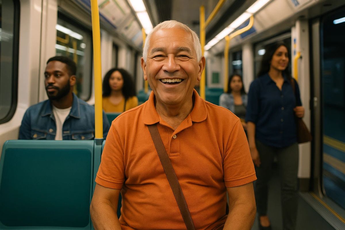 um senhor feliz aproveitando um dos Descontos exclusivos para idosos dentro do metrô