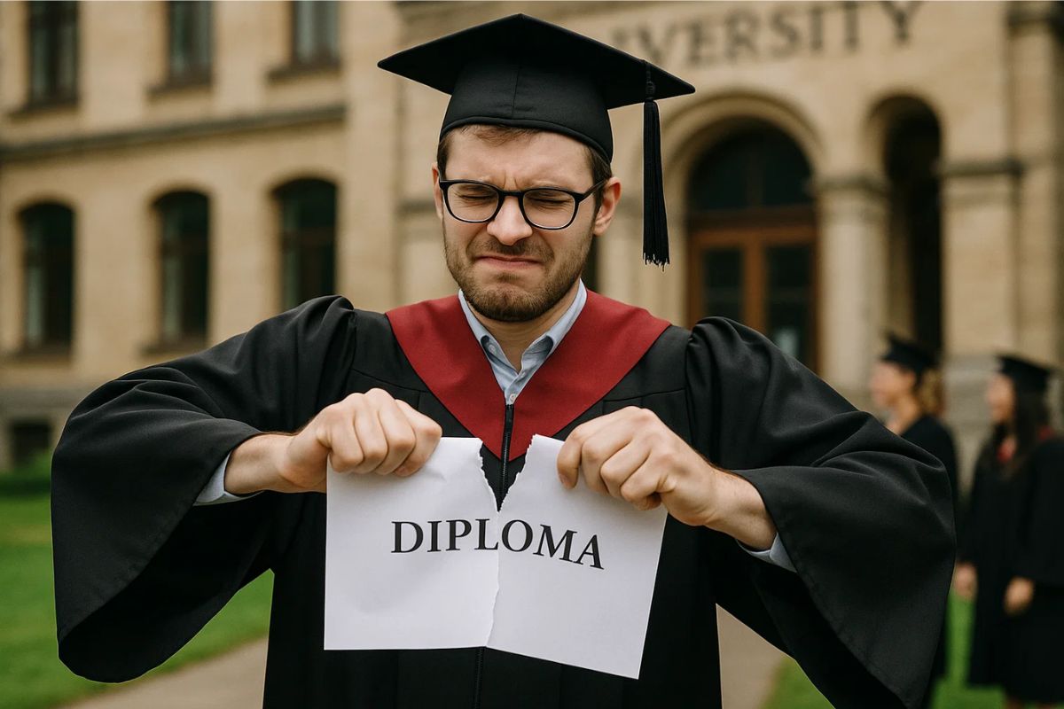 Um aluno rasgando o seu diploma