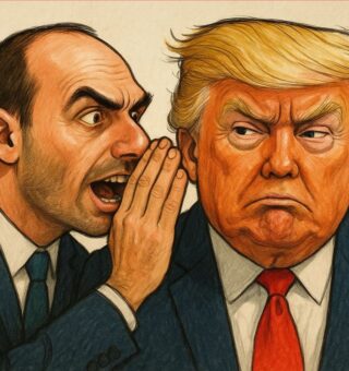 Eduardo Bolsonaro falando no ouvido de Trump