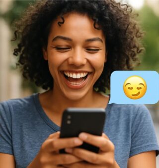 Uma mulher rindo ao ver o emoji na tela do celular