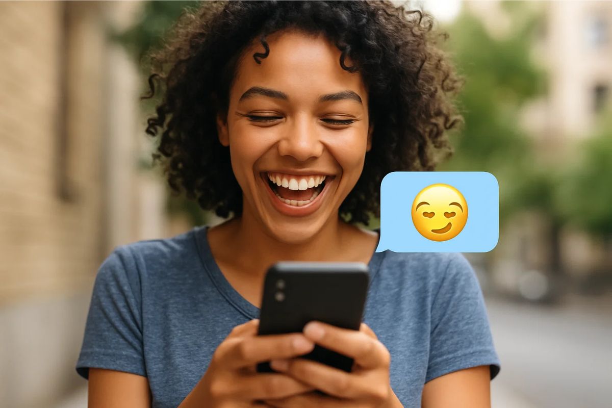 Uma mulher rindo ao ver o emoji na tela do celular