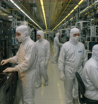 Imagem de cientistas da Intel no laboratório com roupa branca