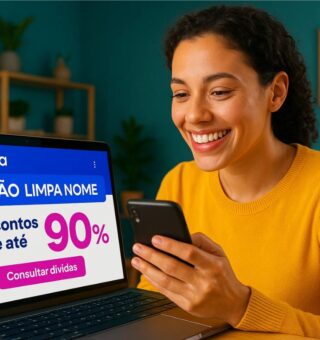 Uma mulher feliz acessando o Feirão Serasa Limpa Nome