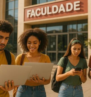 Quatro alunos se inscrevem para o Fies. Dois com notebook na mão e outros dois com celular