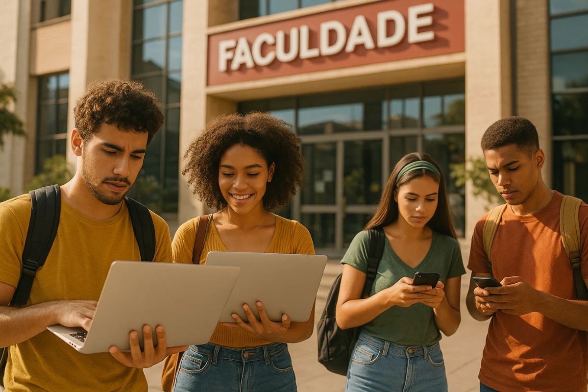 Quatro alunos se inscrevem para o Fies. Dois com notebook na mão e outros dois com celular