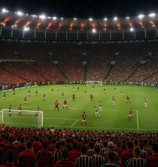 Imagem da arquibancada mostrando o jogo do Flamengo e Fluminense